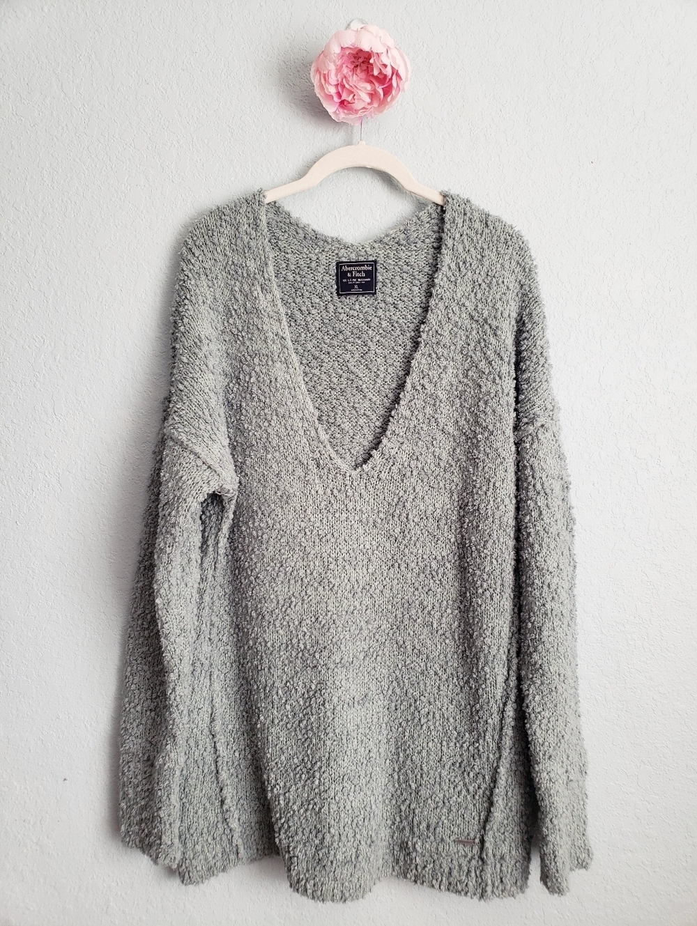 Abercrombie & Fitch Sage Green Oversized Boucle V-neck Sweater